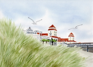 Postkarte DIN-A5 Aquarell Maritim Kunst Druck Kunstdruck Ostsee Rügen Binz1 - Kurhaus Binz